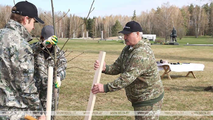 Александр Лукашенко в день республиканского субботника работает на благоустройстве государственного мемориального комплекса &quot;Хатынь&quot;